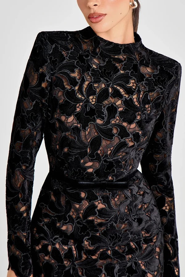 Diane Velvet Embroidered Floral Lace Long Sleeve Belt Scallop Edge Midi Dress