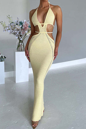 CUTOUT KNITTED V NECK TIE STRAPS BODYCON MAXI DRESSES