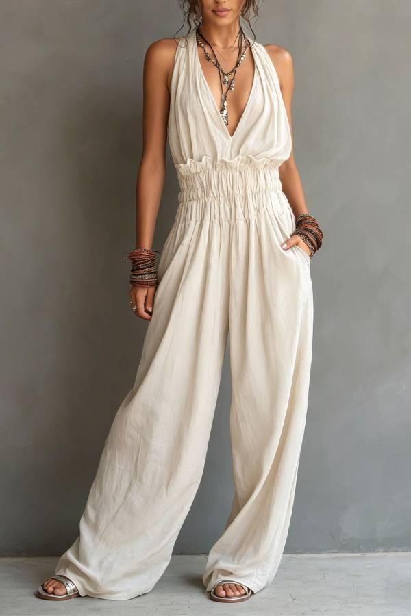Bohemian Halter Deep V-Neck Smocked Waist Wide-Leg Jumpsuit
