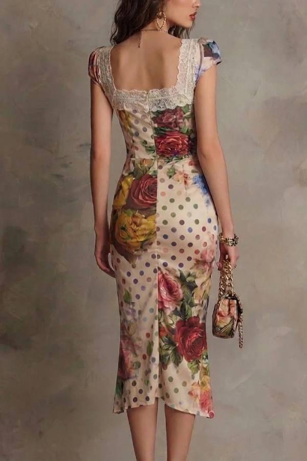 Vintage Oil Painting Polka Dot Lace Square Neck Ruched Bodycon Midi Dress