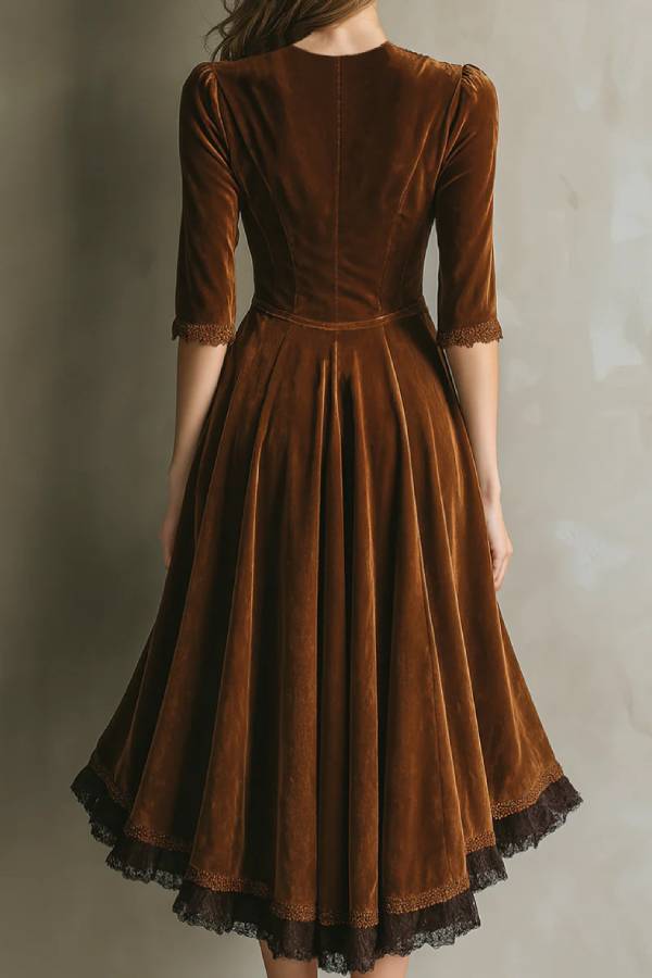 Velvet lace fitted waist retro mid-length sleeve dress