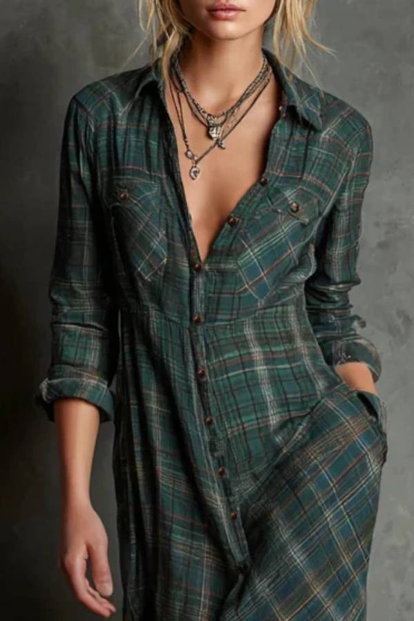 Green Plaid Lapel Single-Breasted Shirt Long Dress