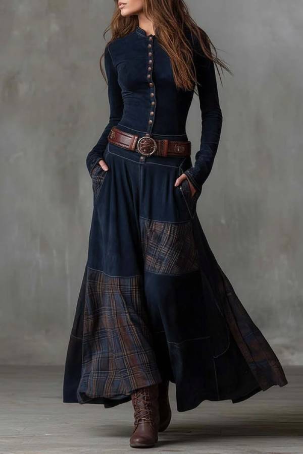 Navy Plaid Paneled Vintage Suede Maxi Dress