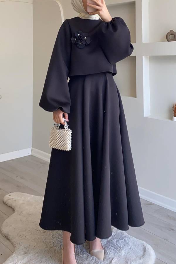 Three-Dimensional Floral Puff Sleeve Top + Long Swing Maxi Skirt Two-Piece Set