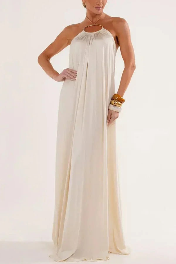 Ocean Goddess Metal Circular Chain Halter Backless Vacation A-line Maxi Dress