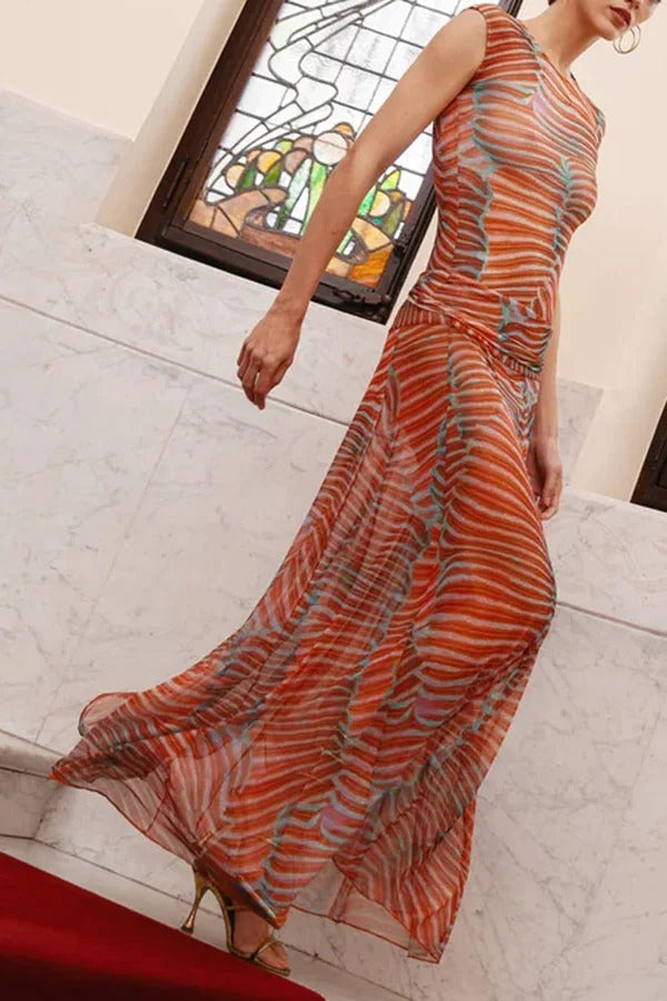 Bella Stretch Mesh Unique Print Bodysuit and High Rise Elastic Waist Maxi Skirt Set