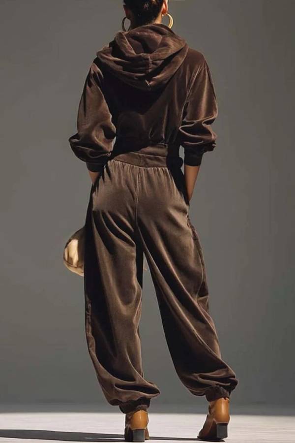Vintage brown velvet hoodie and loose-fitting trousers set