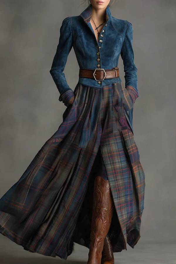 Retro Ethnic Style Blue Faux Suede Plaid Maxi Dress