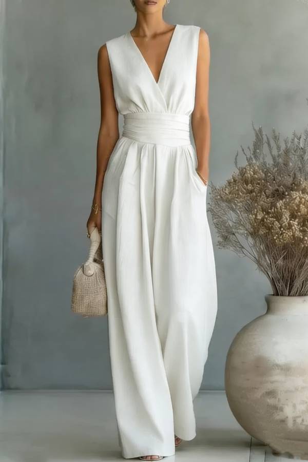 Sleeveless Wrap V-neck Ruched Waist Wide Leg Jumpsuit