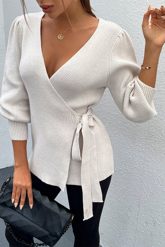 Sexy V Neck Balloon Sleeve Ribbed Wrap Knit Pullover Sweater