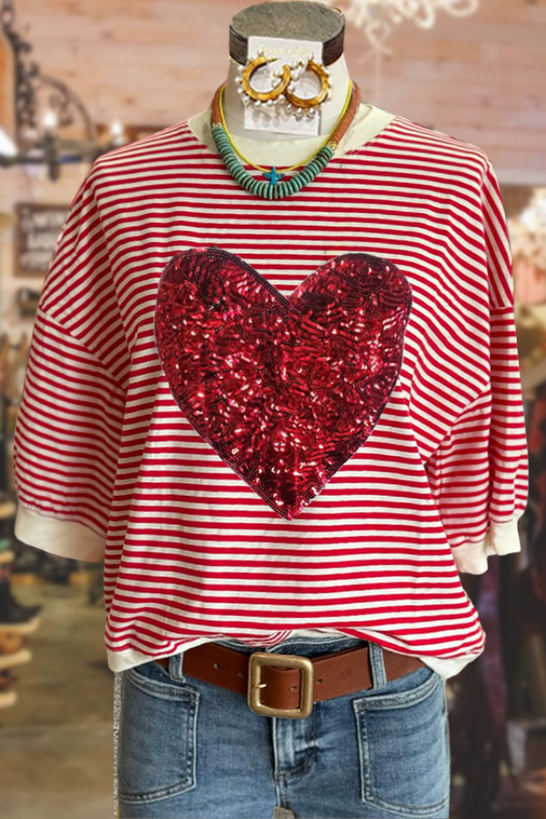 Heart Sequin Striped Print Top