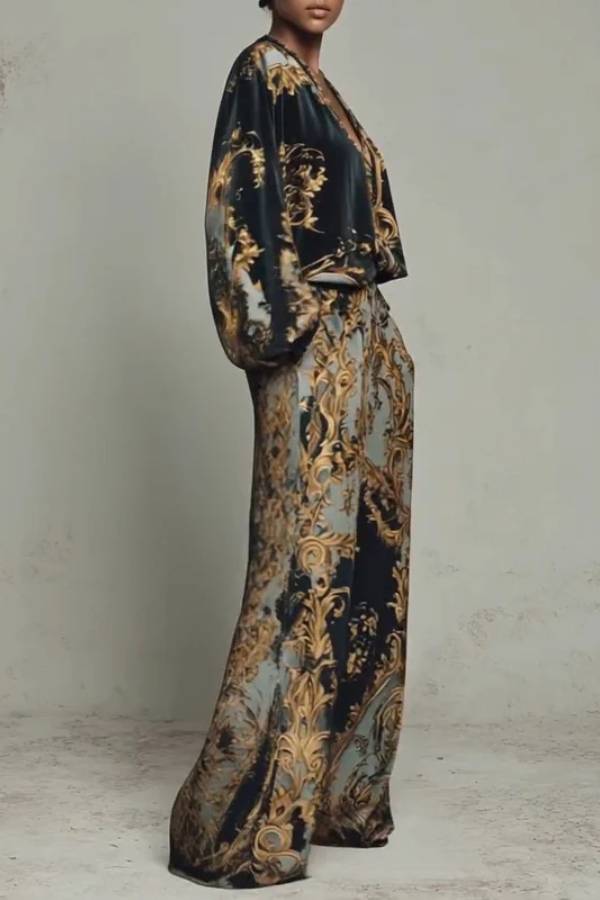 Baroque Ornate Floral Print Top And Wide-leg Trousers Casual Suit