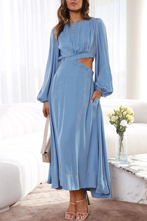 Eloise Blue Bubble Long Sleeve One Side Open Waist Midi Dress