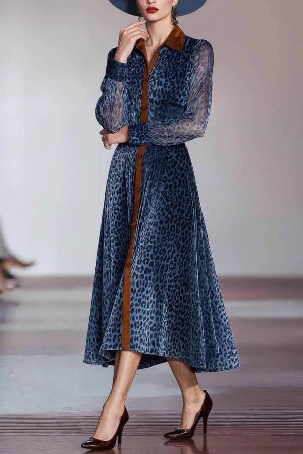 Vintage Blue Leopard Print Shirt Collar See-Through Long Sleeve Dress（No belt included）