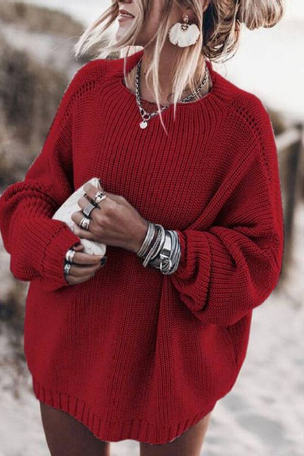 Loose lantern sleeve mid-length sweater