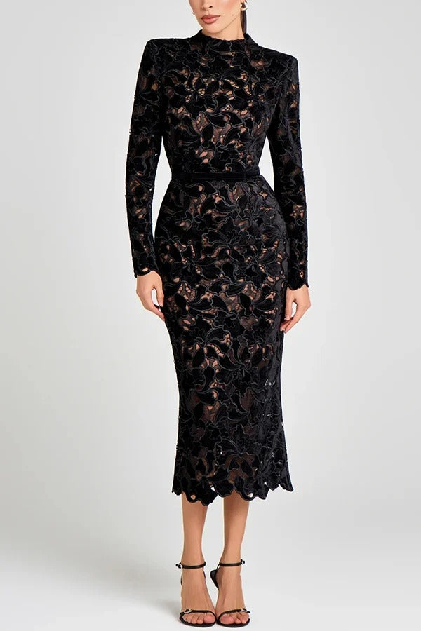 Diane Velvet Embroidered Floral Lace Long Sleeve Belt Scallop Edge Midi Dress