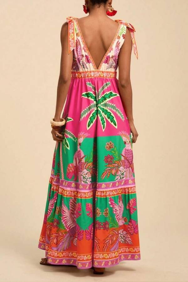 Bohemian Deep V Tie Print Long Swing Dress