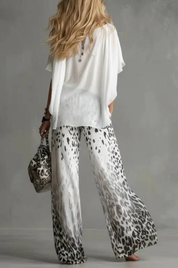 Flowy White T-shirt And Leopard Print Chiffon Pants Set