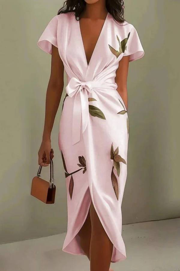 White Leaf Short Sleeve Satin Wrap Sheath Midi Dress