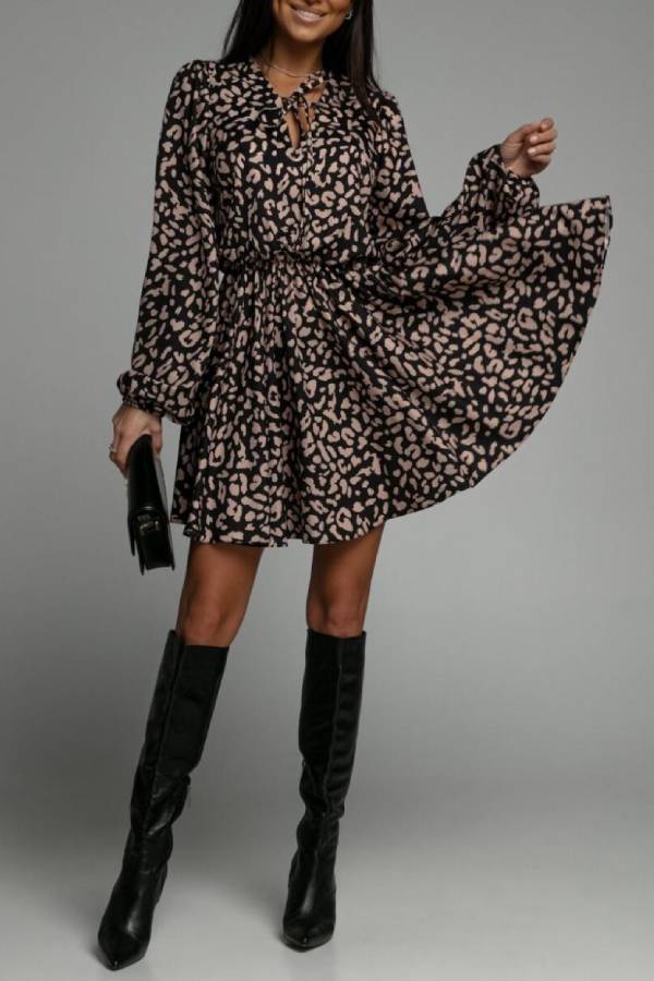 Tie-waist printed dress with lantern sleeves