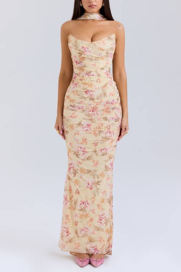 Neck Wrapped Strapless Corset Bodycon Maxi Skirt 2pcs Set-Blue