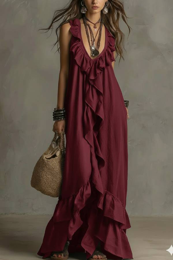 Bohemian Deep V-Neck Ruffle Sleeveless Maxi Dress