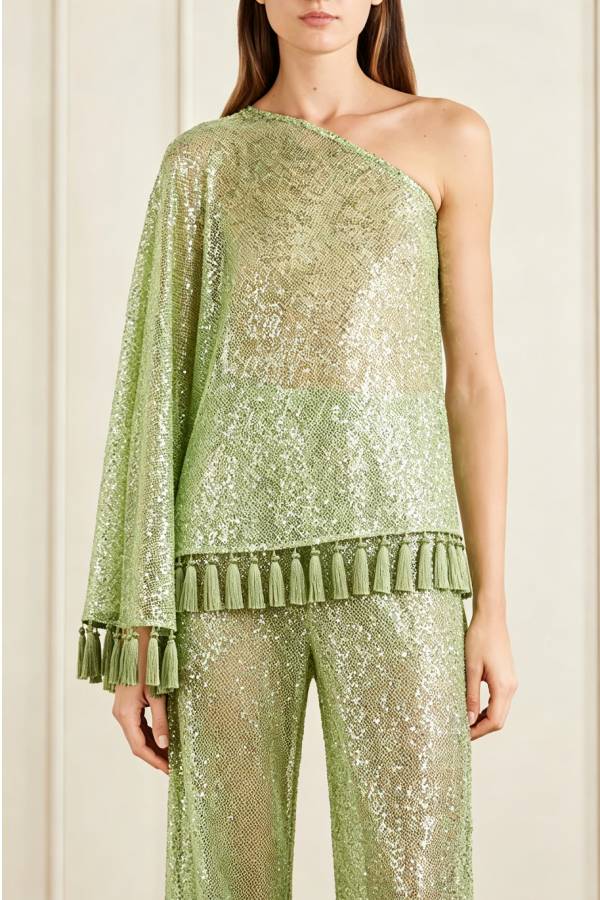 Reina Sequin Fringed Trim One Shoulder Bell Sleeve Top and High Rise Wide Leg Pants Set