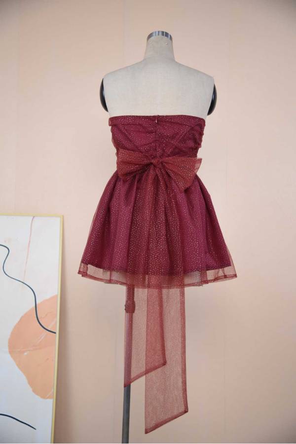 Strapless Sequined Bow Puffy Miniskirt