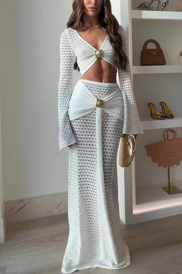 Mania Knit Hardware Detail Bell Sleeve Crop Top and Gathered Overlay Sash Stretch Maxi Skirt Set