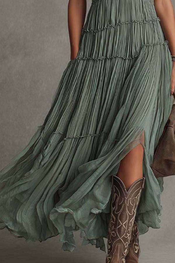 Sage Green Pleated Chiffon V-neck Flowing Maxi Dress