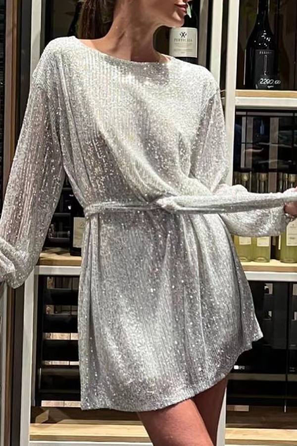 Sequined Tie-Waist Long-Sleeved Party Dress