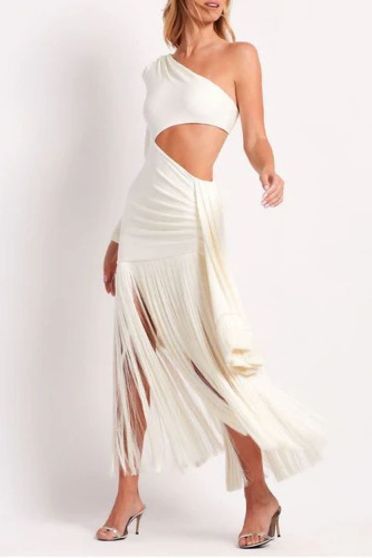 Amazing Type One Shoulder Cutout Drape Tassle Trim Stretch Maxi Dress