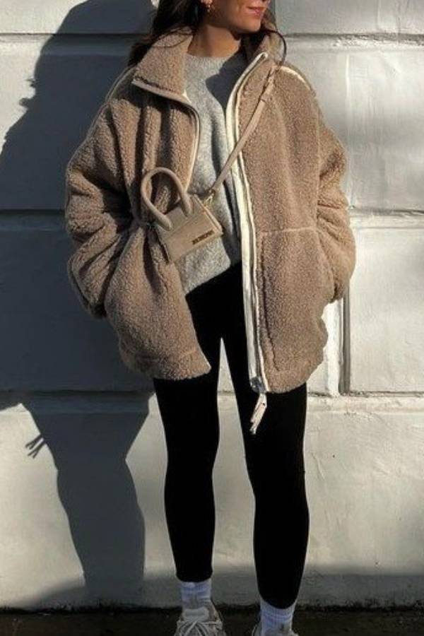 Stand-up collar zip-up lamb wool oversized coat