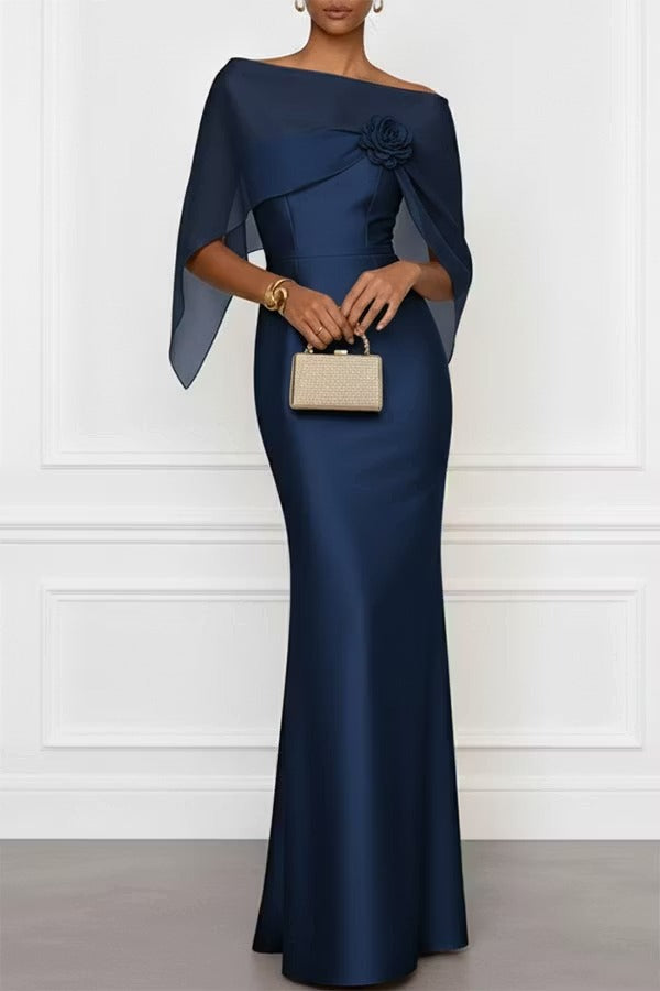 Lucero 3D Floral Satin Boat Neck Short Sleeve Sheath Capelet Gown Maxi Dress