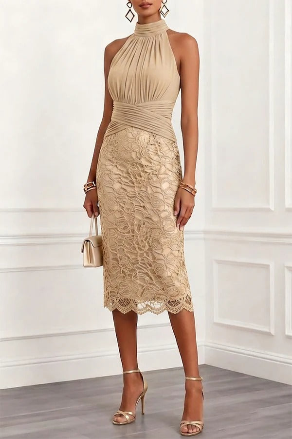 Jamie Ruched Halter Neck Sleeveless Lace Jacquard Hem Midi Dress