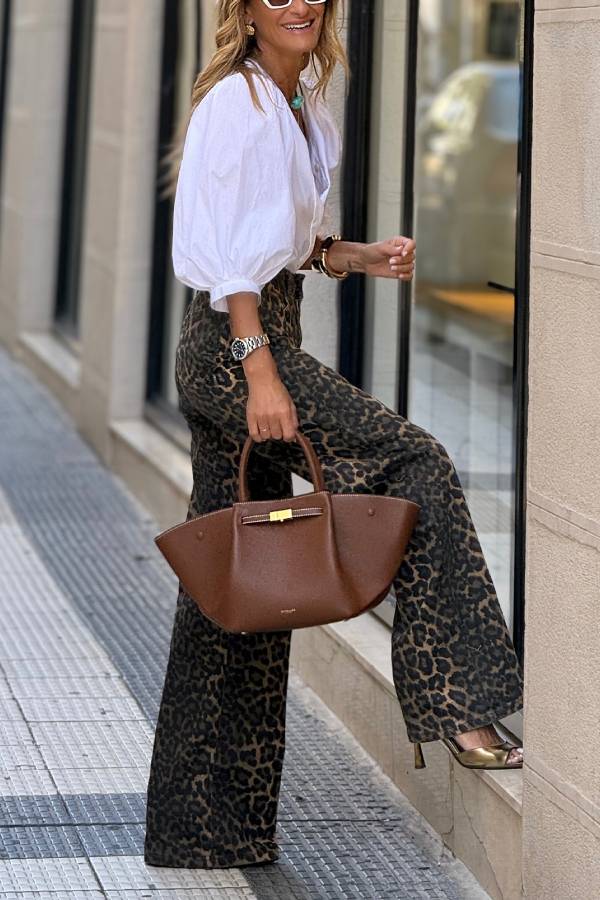 Wild Feel Denim Leopard Print High Rise Wide Leg Pocketed Jeans