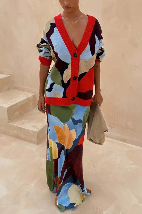 Bright and Bold Satin Abstract Color Blocks Print Elastic Waist Drape Maxi Skirt