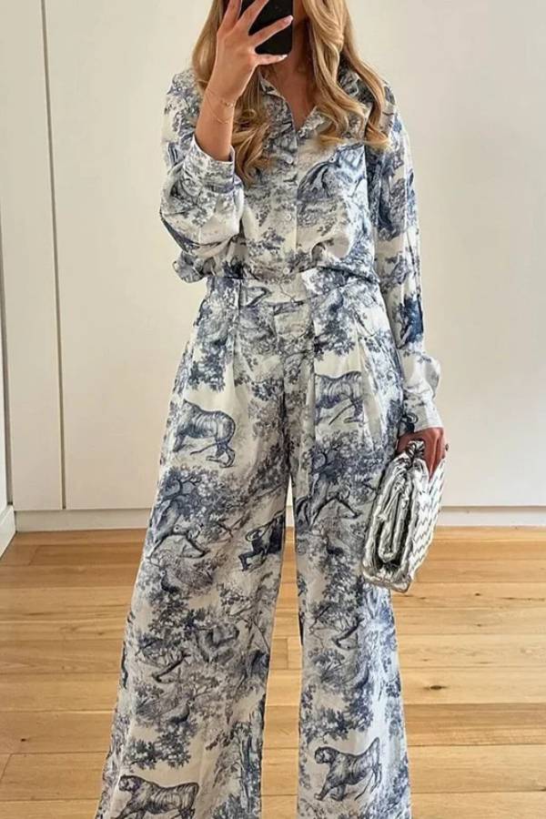 Retro Print Shirt Collar Long Sleeve Wide-Leg Pants Two-Piece Set