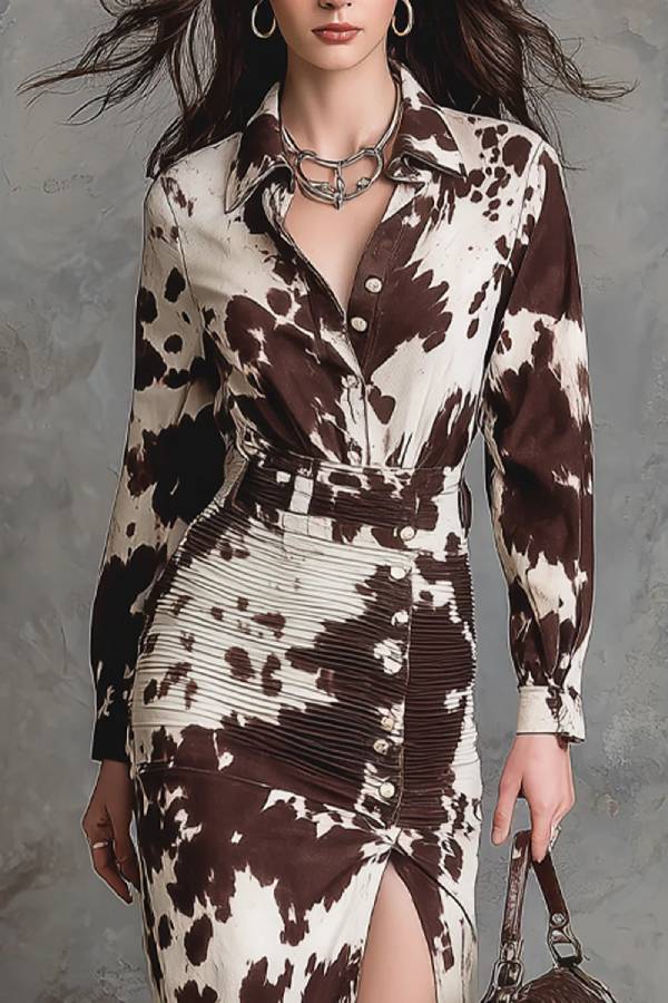 Vintage Cow Printed Shirt Maxi Dress