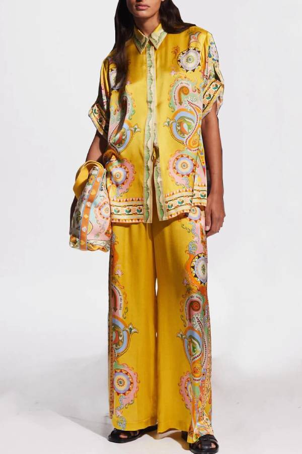 Exquisite Satin Unique Cashew Flower Print Loose Wide-Leg Pants