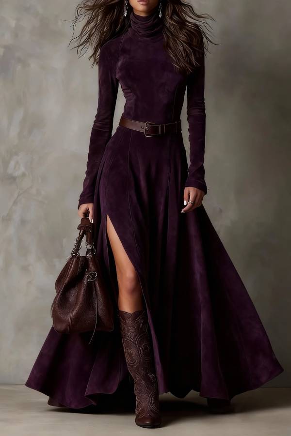 Dark Brown Faux Suede Turtleneck Long Sleeve Slit Maxi Dress