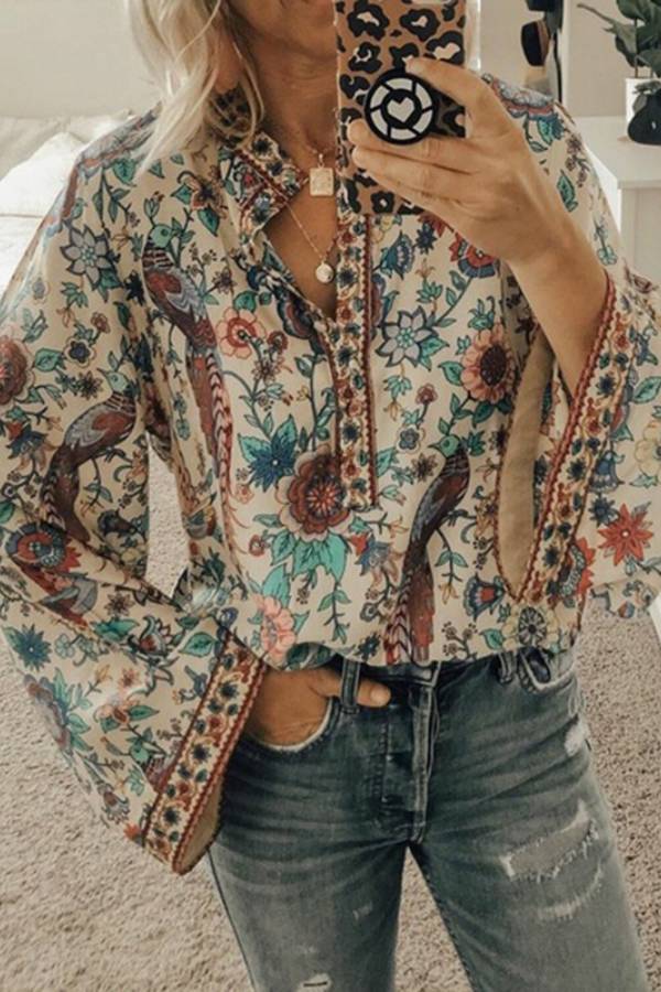 Retro floral and bird print bell sleeve V-neck top