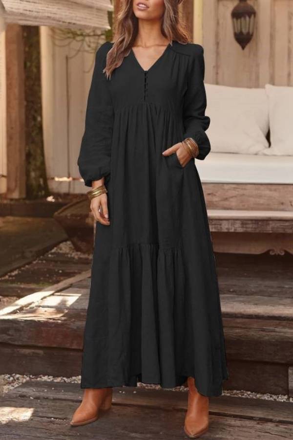 V-neck long-sleeved loose-fitting long skirt