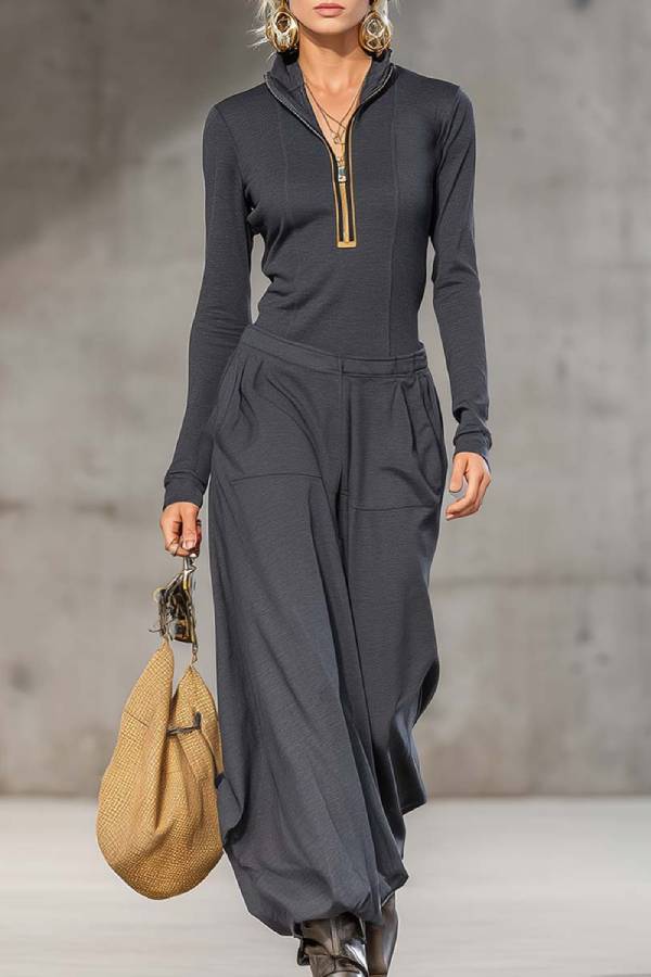 Dark Gray Half-high Collar Zipper Top + Wide Pants Set