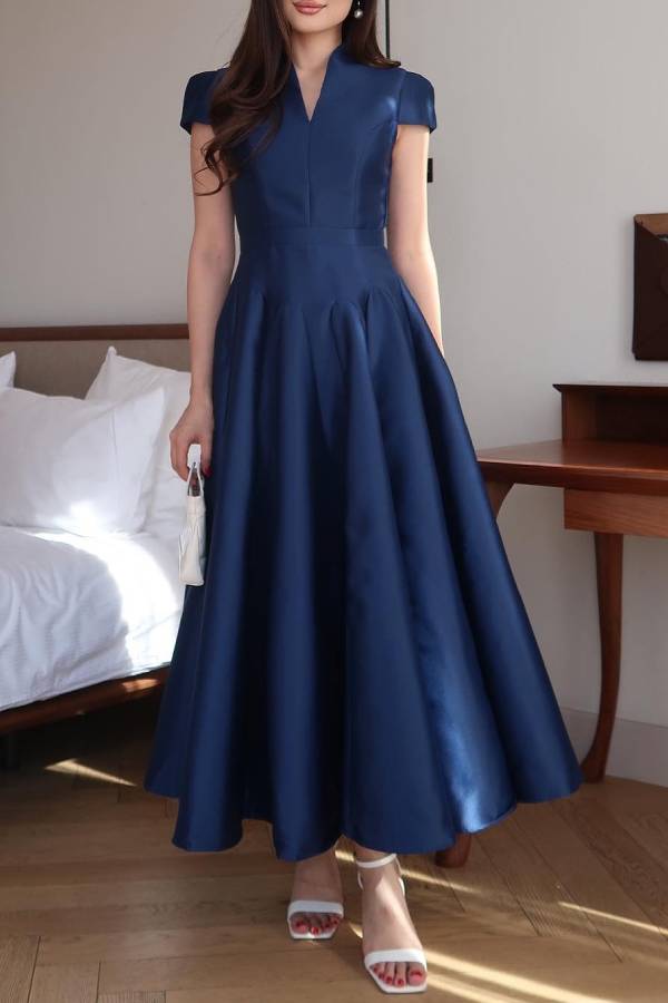 Elegant Dark Blue V-neck Long Dress