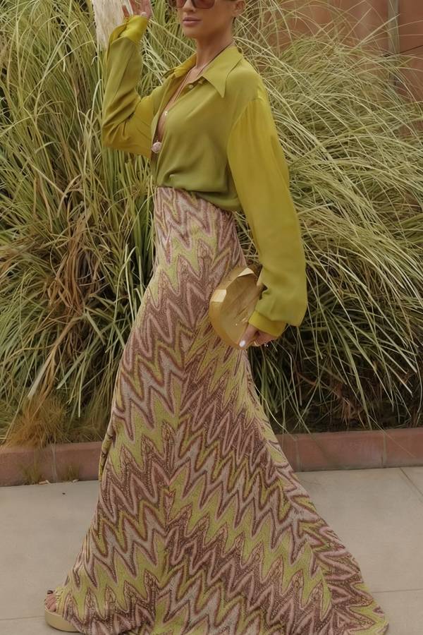 Moonlit Waltz Knit Jacquard Zigzag Print High Rise Stretch Flare Maxi Skirt