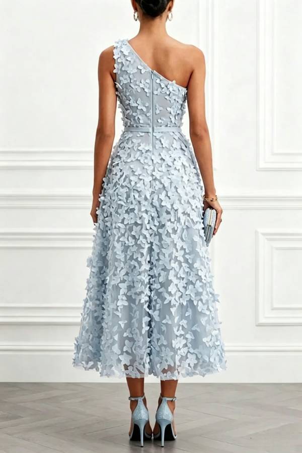 Lynelle Tulle 3D Floral Butterfly One Shoulder Sleeveless A-Line Midi Dress