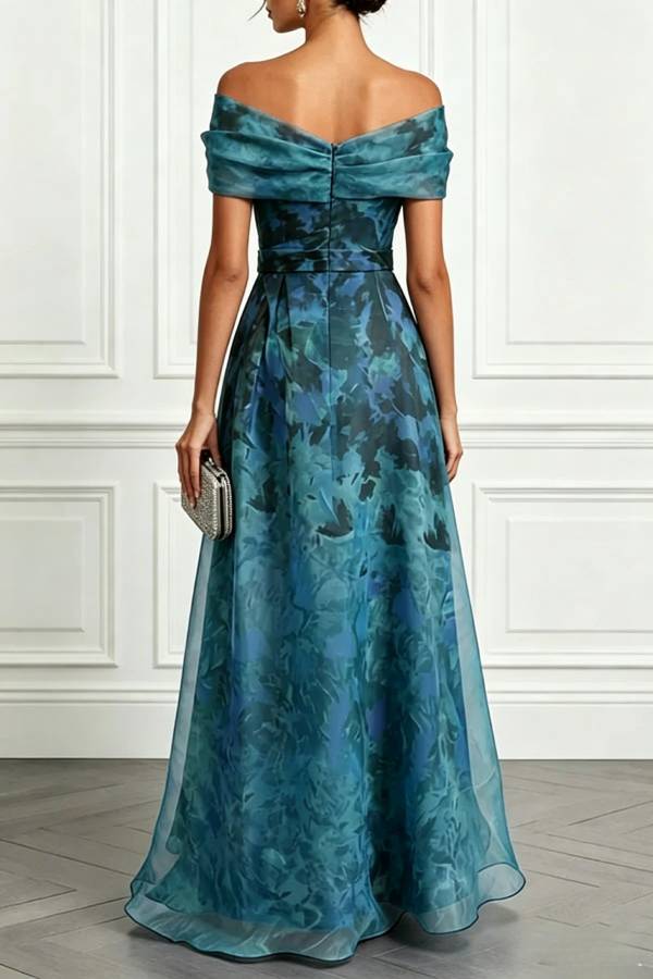 Rosalyn Mesh Floral Print Ruched Off Shoulder Gown Maxi Dress