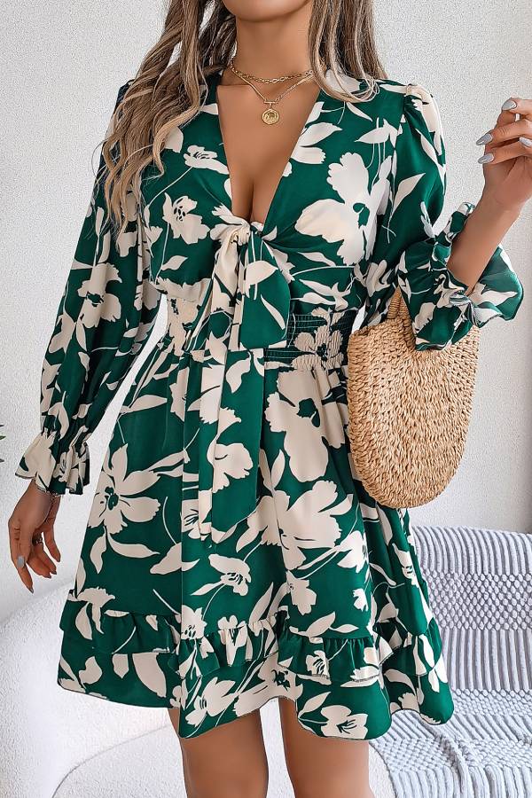 Floral print deep V long sleeve fitted waist ruffle dress