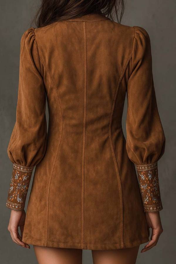 Vintage brown V-neck suede embroidered mini dress